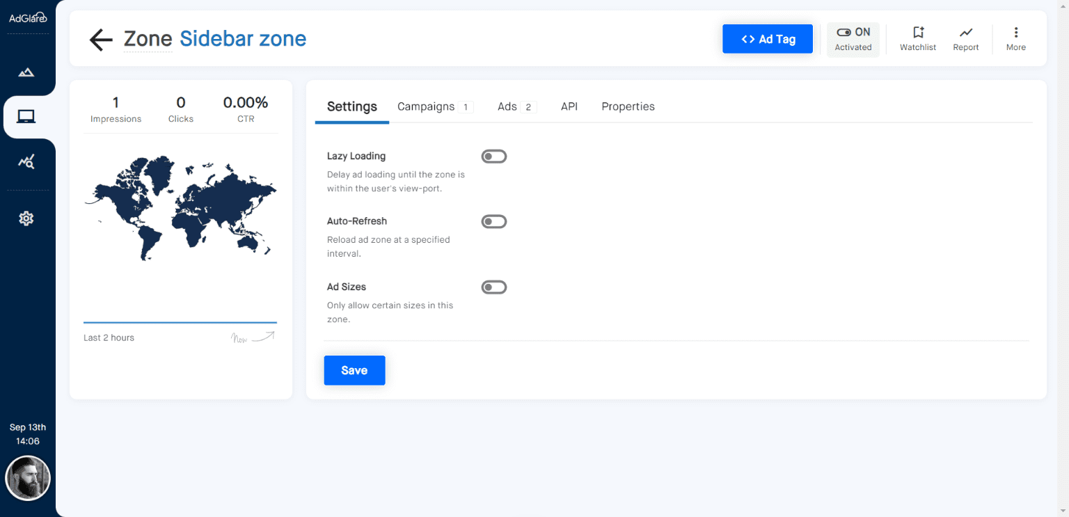 Zones Settings AdGlare AdServer